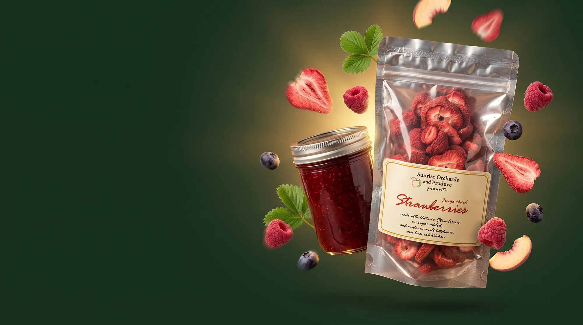 A bag of Sunrise Orchards freeze-dried strawberries and a jar of strawberry jam surrounded by floating fruit